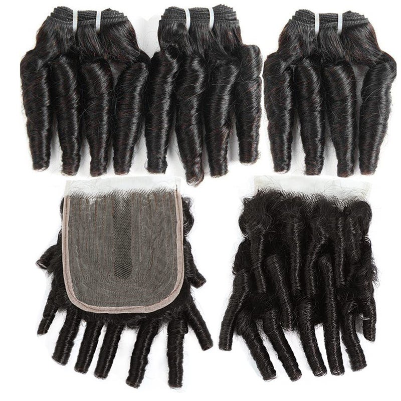 Molefi Brazilian Funmi Hair Curly Weave 3 Bundles with Lace Closure Spiral Curl Hair Bundles with 4x2 T Lace Closure 100% Human Hair Extensions 100g/pc Natural Black (14 14 14+12) - Image 2